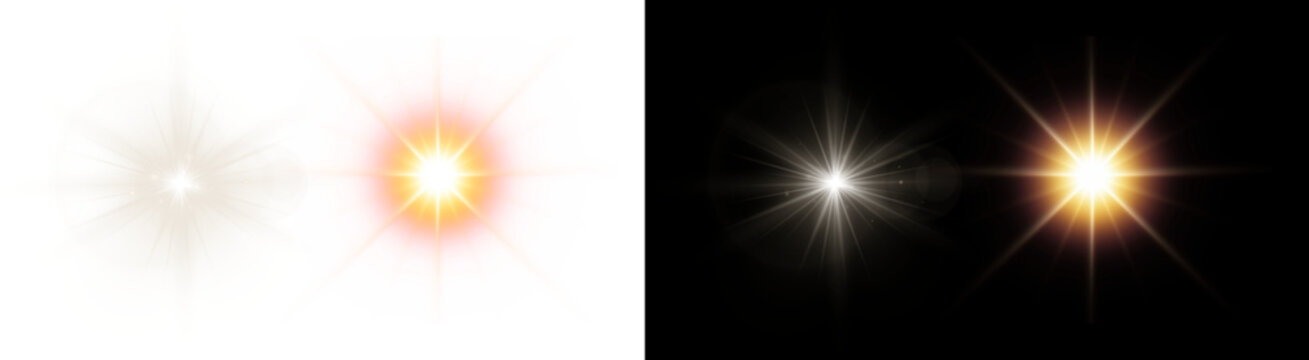 PNG image of Collection of starburst light effects with bright glowing centers and radiating beams against a perfect for adding visual flair to designs on transparent background