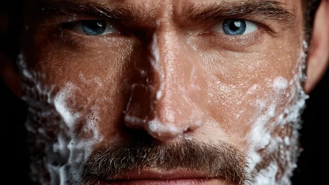 Close-up of man washing face with soap, showcasing skin care routine and grooming techniques for a fresh appearance
