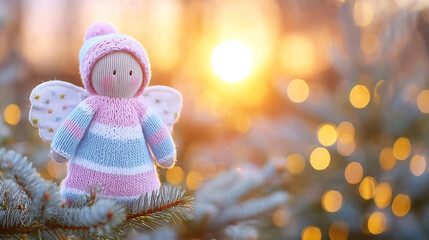 Obraz premium Handcrafted knitted Christmas angel doll featuring colorful striped clothing and winter hat on a pine branch with warm bokeh