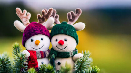 Two festive snowman dolls with antlers and colorful scarves nestled in evergreen needles, celebrating winter holidays and companionship