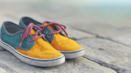 Colorful canvas sneakers with red laces on a stone slab, representing freedom, adventure, and summer style