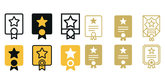 Set of certificate and award icons in black and gold designs