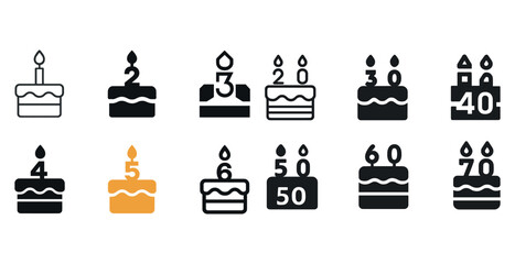 Birthday cake icons with candles for milestone ages 1 to 70