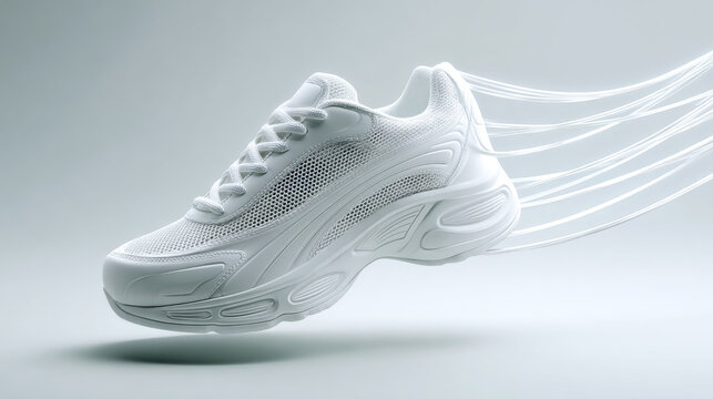 White mesh sneaker floating in studio, sleek design showing speed and dynamic energy with light trails