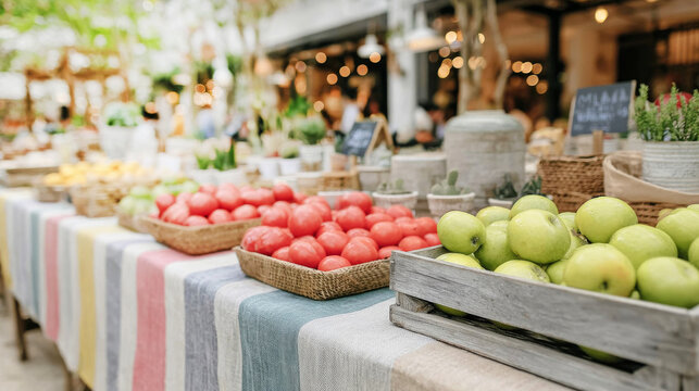 Village market stall showing fresh produce, apples and tomatoes, on a colorful striped tablecloth