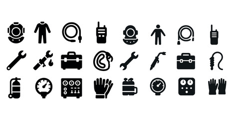 Obraz na płótnie Canvas Diving equipment and tools icons set: helmets, tools, gauges, safety gear in black and white