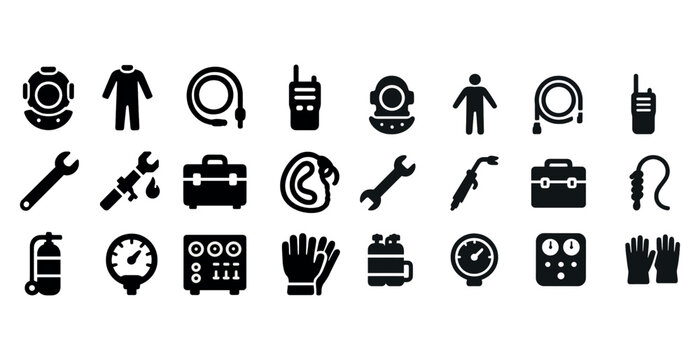 Diving equipment and tools icons set: helmets, tools, gauges, safety gear in black and white