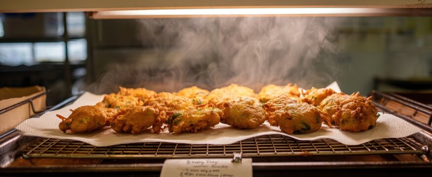 Delicious homemade fritters fresh from the oven with steam rising in kitchen setting,National Fritters Day