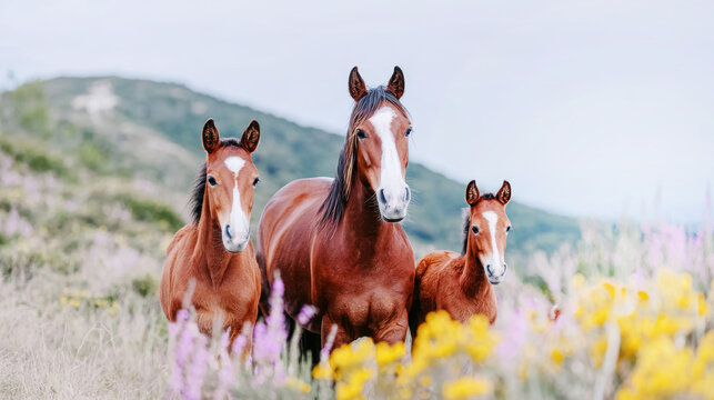 Family of wild horses, a mare and two foals, standing in a field of colorful wildflowers with a natural hillside background