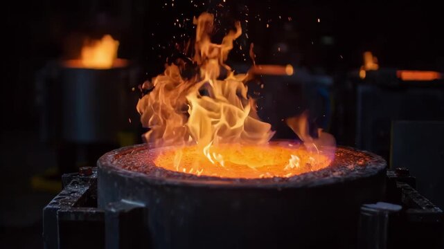 Medium shot of opentop crucible under evaluation capturing heat distribution patterns and flame interaction during hightemperature trials