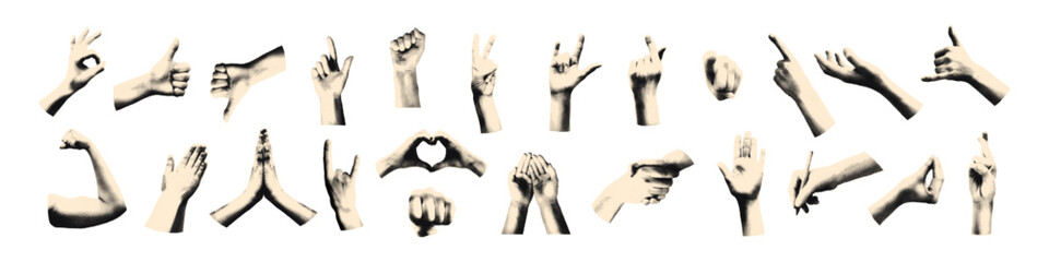 Cut out hand emoji gestures set. Various halftone hands signs vintage dotted stickers. Modern retro vector illustration for mixed media design, collage and scrapbook isolated on transparent background