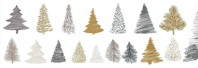 Collection of Christmas trees in various styles and colors, isolated on white background.