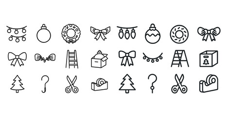 Obraz premium Festive icon set featuring ornaments, trees, and bows for holiday decoration