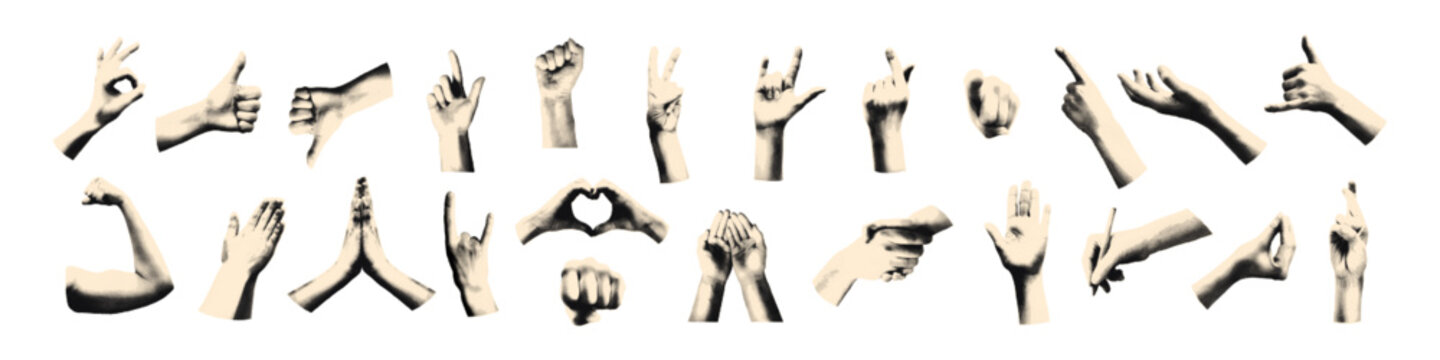 Cut out hand emoji gestures set. Various halftone hands signs vintage dotted stickers. Modern retro vector illustration for mixed media design, collage and scrapbook isolated on transparent background