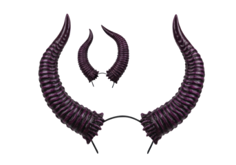 Three pairs of dark purple, shiny, ridged devil horns, curved to pointed tips, isolated on white studio background with copy space. Halloween product concept