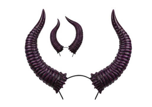 Three pairs of dark purple, shiny, ridged devil horns, curved to pointed tips, isolated on white studio background with copy space. Halloween product concept