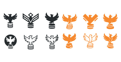 Fototapeta premium Eagle and phoenix icons on podiums - black and orange variants
