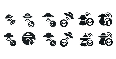 Fototapeta premium Black ufo and alien icons set featuring mystical spaceships and extraterrestrial faces