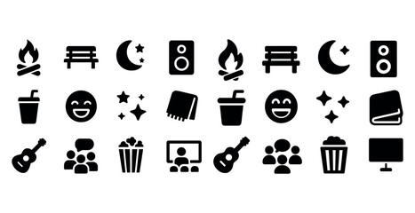 Collection of outdoor, entertainment, and relaxation icons in bold black style