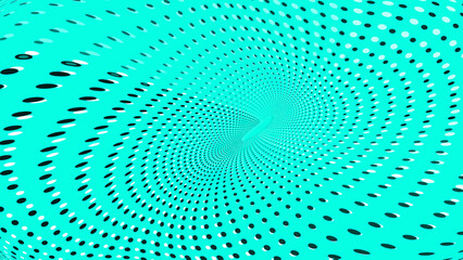 Dotted swirl line on new olo color background. Optical illusion. Innovation technology. Art trippy digital screen. Luxury Backdrop. Template. Tech card. Blue green mint azure hue. Spiral pattern. VR