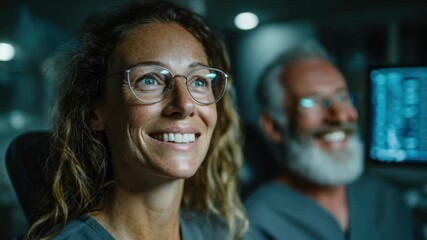 Healthcare professionals share a moment of joy at a medical facility during night shifts, highlighting teamwork and dedication to patient care