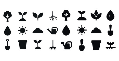 Naklejka premium Icon set of gardening tools and nature elements