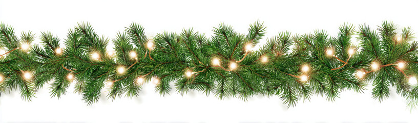 A festive green Christmas garland with glowing warm white lights, isolated on a white background to be used as a border.
