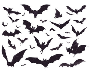 Naklejka premium A large collection of black bat silhouettes in flight.