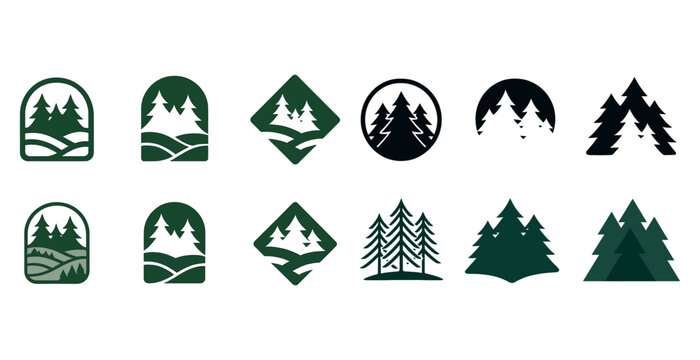 Set of green tree logos with various geometric designs and styles