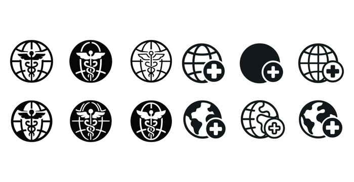 Set of medical and global health icons in black and white