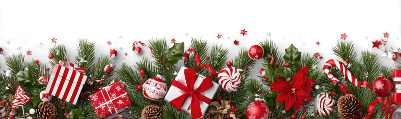 Festive Christmas banner or border with fir branches, gift boxes, ornaments, and candy canes on a white background.