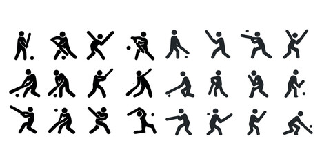 Silhouette icons of diverse cricket player actions in various poses
