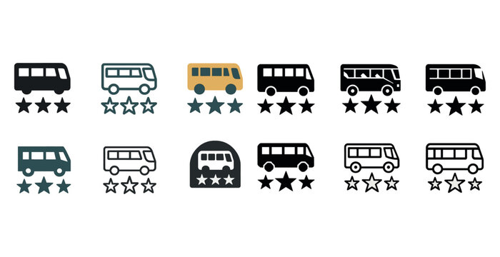 Bus rating icons collection: various colors and styles with stars