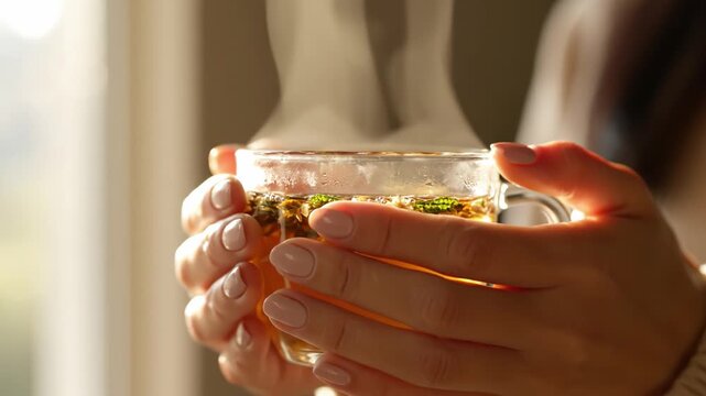 Close-up of woman hands holding hot glass cup of herbal tea with steam. Cozy warm atmosphere suitable for wellness, health, and relaxation concepts.