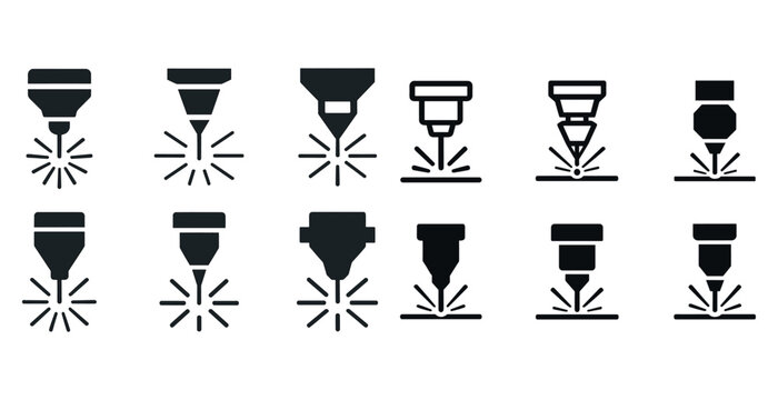 Laser cutting machine icon set: diverse designs and styles