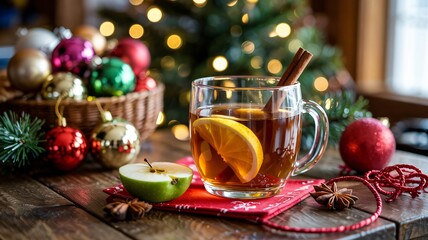 Warm close up of spiked hot apple cider christmas drink