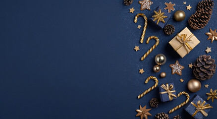 Festive Christmas decorations on a blue background with gifts, pine cones, and candy canes.