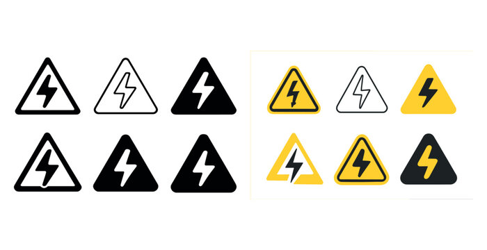 Electrical safety warning symbols collection in black, white, yellow