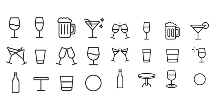 Minimalist drink icon set featuring wine, beer, and cocktails