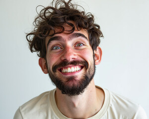Man with curly brown hair and beard, smiling widely with bright blue eyes, showing excitement and joy on his face, with a surprised expression.