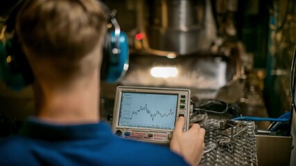 Medium shot of a specialist monitoring soundwave adjustments in an acoustic saw optimizing ultrasonic settings for maximum productivity.