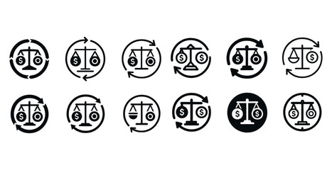 Set of black and white balance scale and currency icons