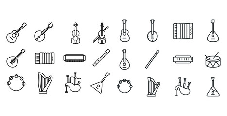 Collection of musical instrument icons including guitar violin harp and drum
