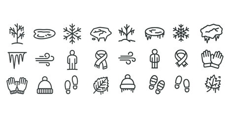 Winter icons set: snowflakes, trees, wind, clothing, and nature symbols