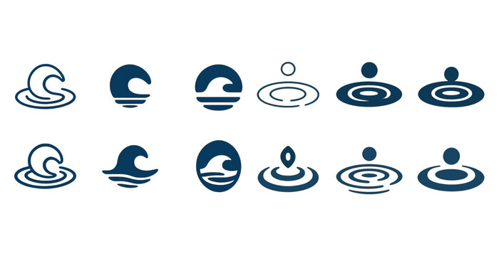 Abstract wave and circular water drop icons in various minimalist styles