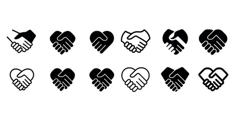Collection of diverse handshake and heart icons in black and white