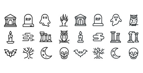 Halloween icon set with ghosts, tombstones, and haunted elements