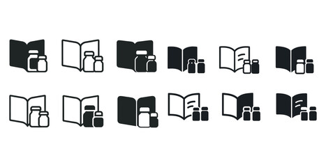 Medical icons set: book and medication bottles in monochrome design