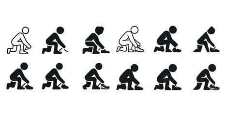 Pictogram sequence of people tying shoelaces in various positions