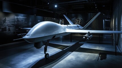 Fototapeta premium A modern war drone prototype is on display in a factory setting, highlighting advanced technology and manufacturing